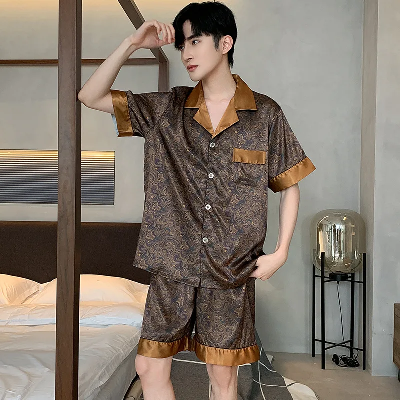 

Fashion Pajamas Suit Men Spring Autumn Ice Silk Satin Sleepwear Thin Silk Spring Summer Youth Loungewear Suit Nightclothes Male