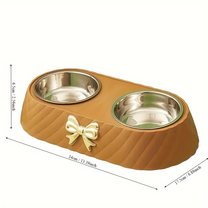 A set of colorful fashion bow pet bowl Large capacity feeding double bowl stainless steel cat bowl feeding water cat rice bowl