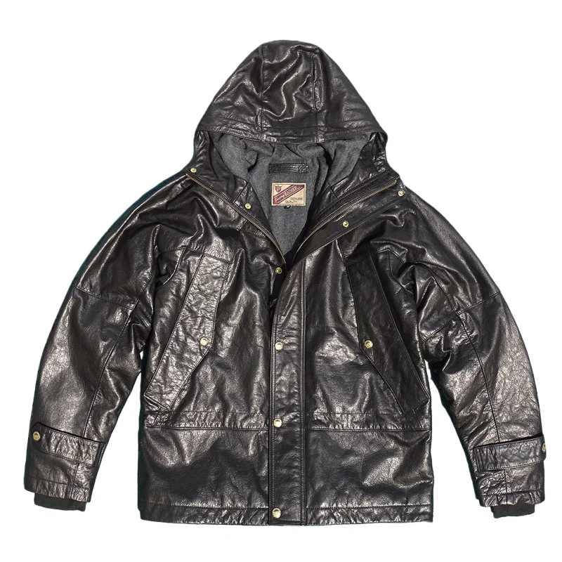 Black Winter Hooded Leather Jacket Men Safari Style Plus Size 4XL Genuine Natural Thick Cowhide Turn-Down Collar Coat