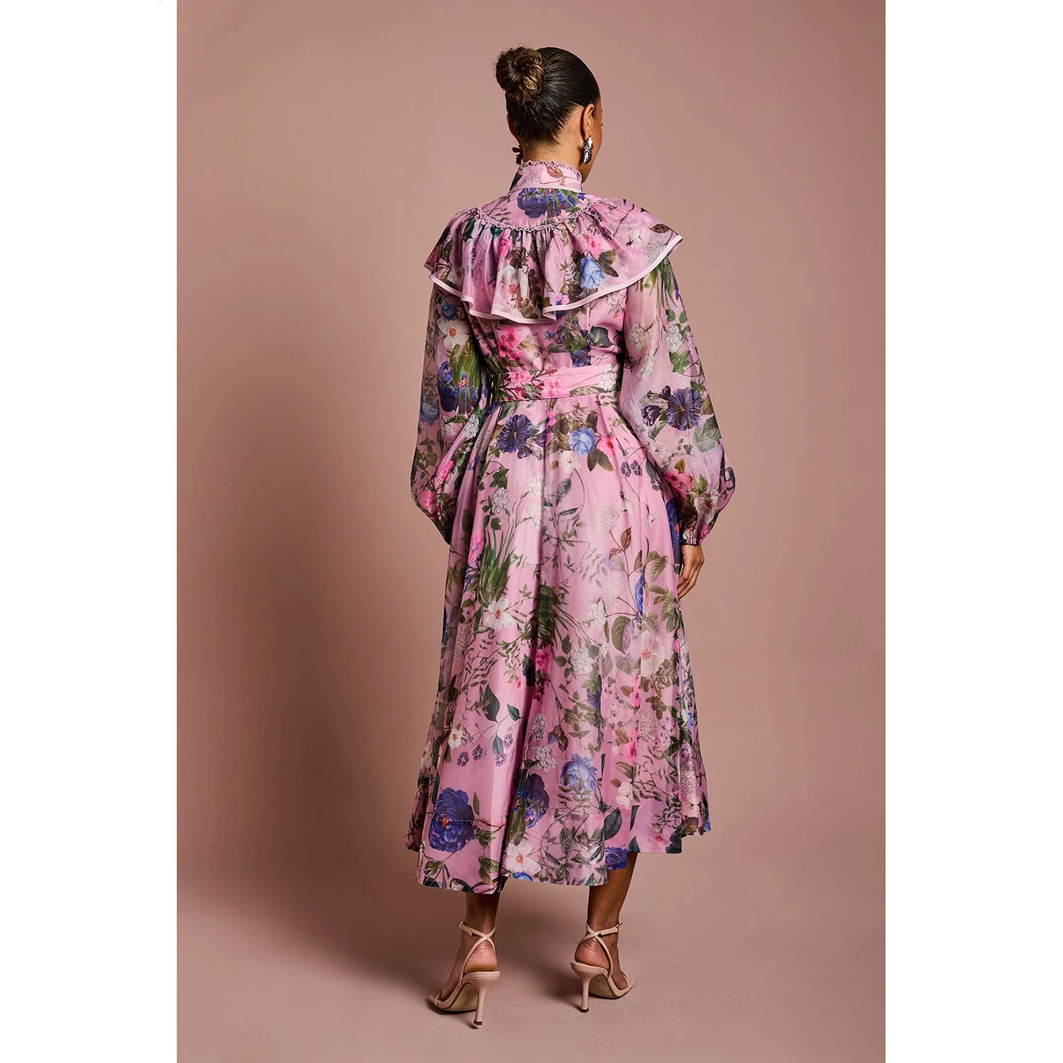 レトロな花柄プリントレースロングドレス、ウエストシェイプベルト付き、レディースストラップガウン、プリンセススタイル、ポリエステル繊維、春シーズン