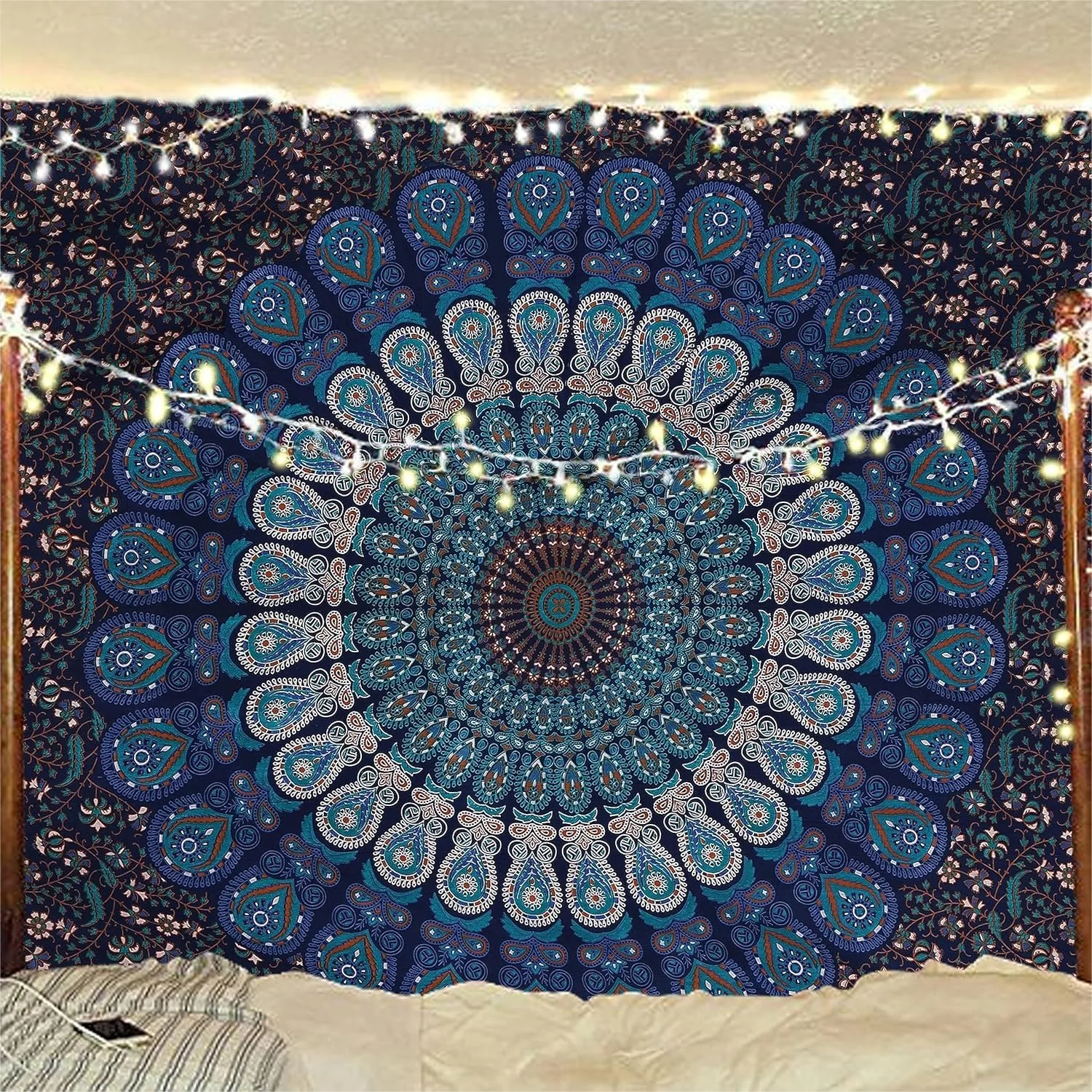 Handmade Hippie Bohemian Tapestry with Peacock Mandala for Wall Hanging, Beach Throws, Table Cloth, Blue Green 54x60 Inches