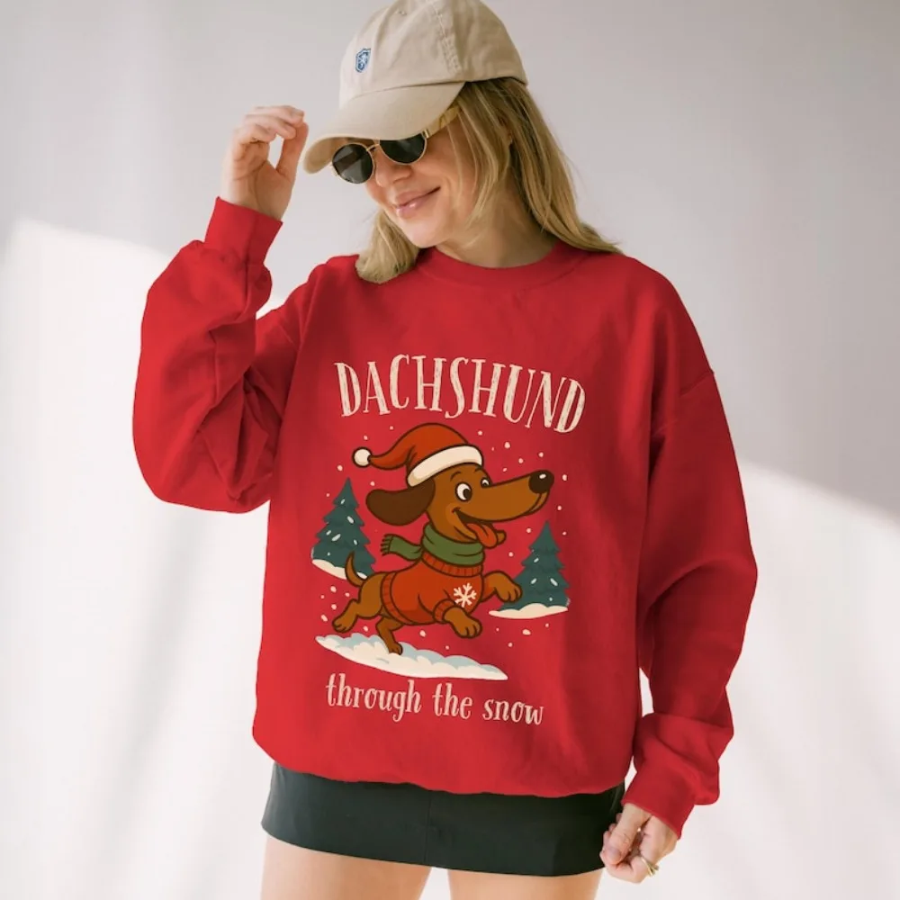 Dachshund Through The Snow Hoodie Christmas Dog Sweatshirt Festive Sausage Dog Tracksuit Holiday Wiener Essentials Hoodie