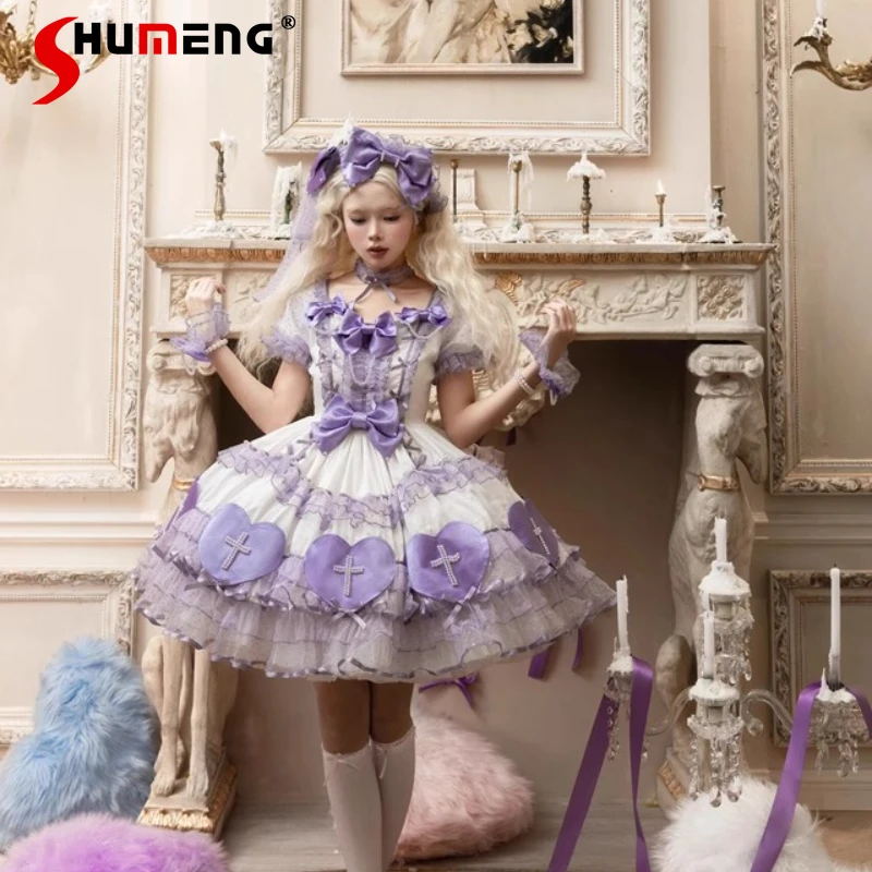 

Elegant Sweet Cute Princess Birthday Dress Square Neck Puff Sleeve Bow Heart Pearl Cross Lace Dot Fluffy Lolita Dress For Women
