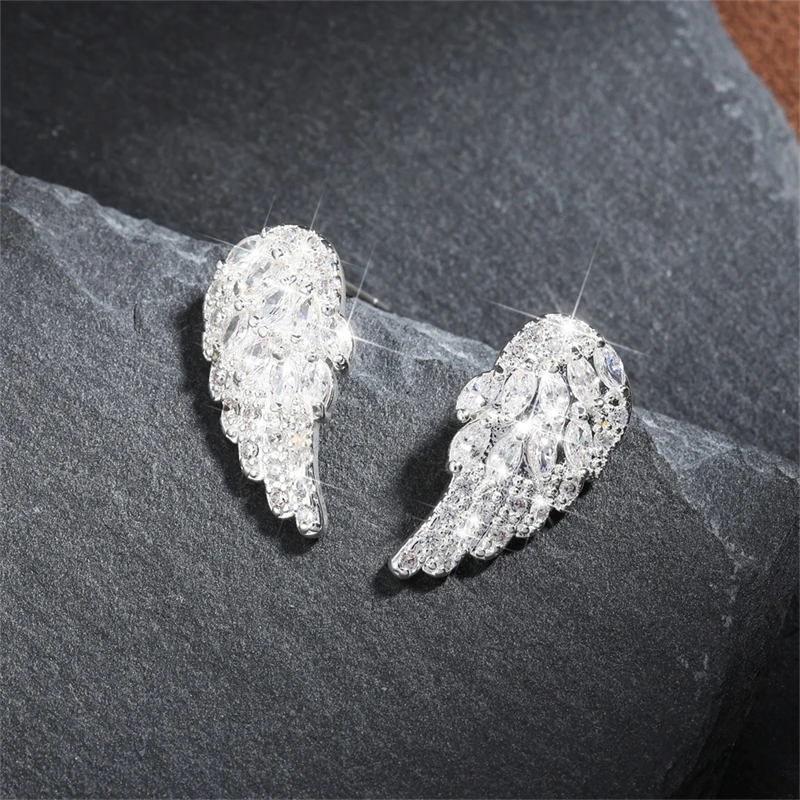 RAKOL  Angel Wings Stud Earrings for Women Shiny Zircon New Fashion Temperament Earrings Party Jewelry Gifts