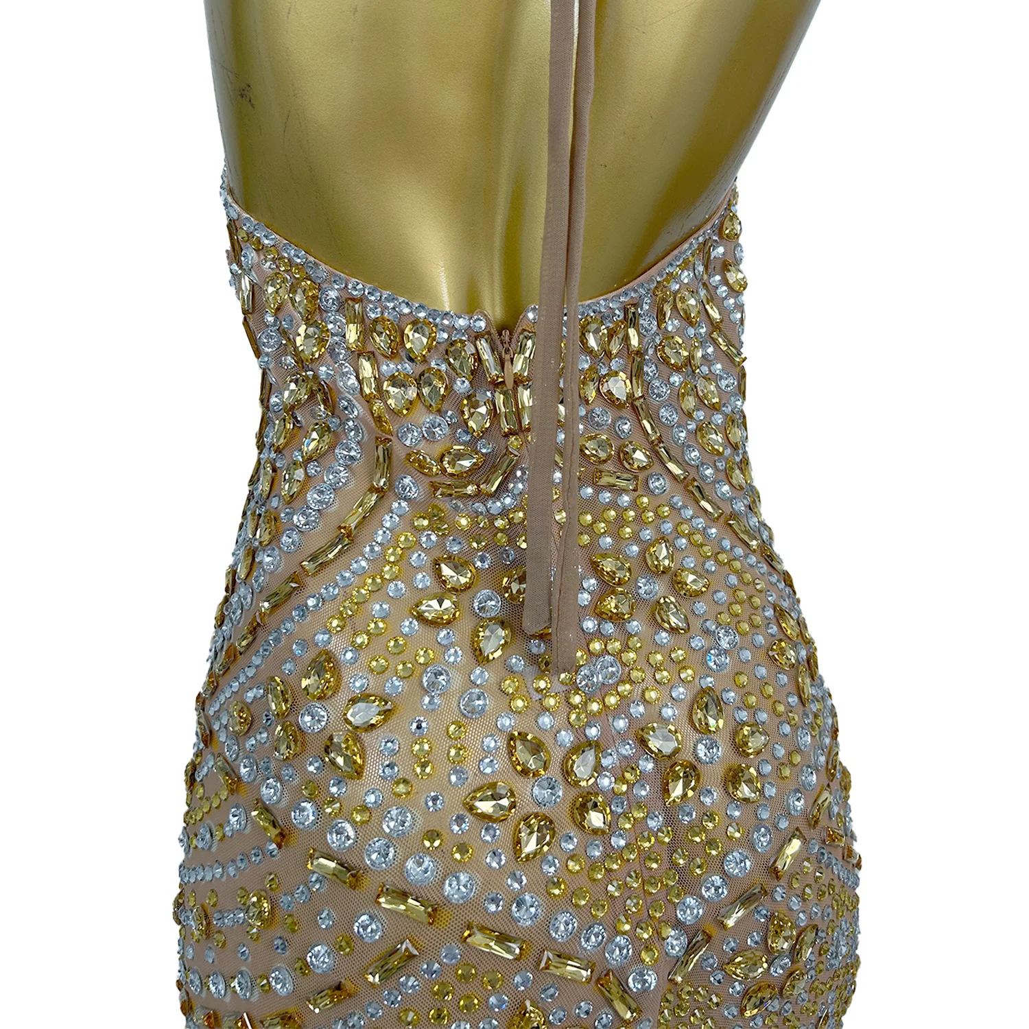 Xiaoxianghua Sexy V-hals Backless Avondjurk Gouden Strass Transparante Mesh Hals Hangin Verjaardag Cocktail Party Jurk