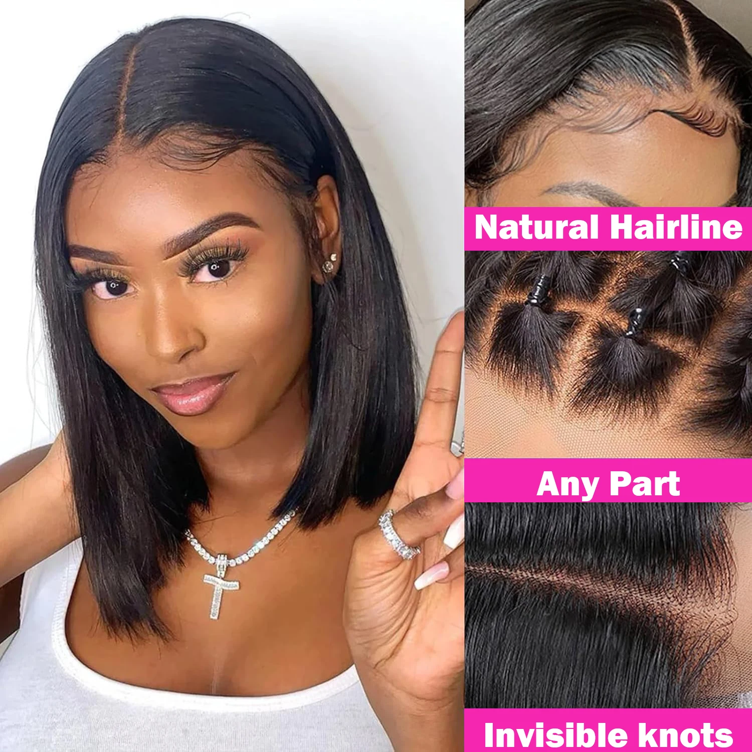 Straight Short Bob Wigs 16Inch Brazilian Virgin Human Hair 13x4 Lace Frontal Wig Pre Plucked with Baby Hair 4x4 Lace Closure Wig