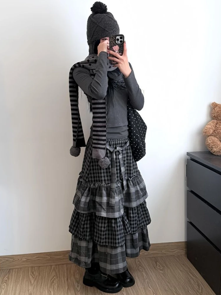 

Японская винтажная лоскутная длинная юбка в клетку, женский дизайн Хепберн, повседневные элегантные юбки трапециевидной формы, женские шикарные наряды в стиле Харадзюку в стиле ретро