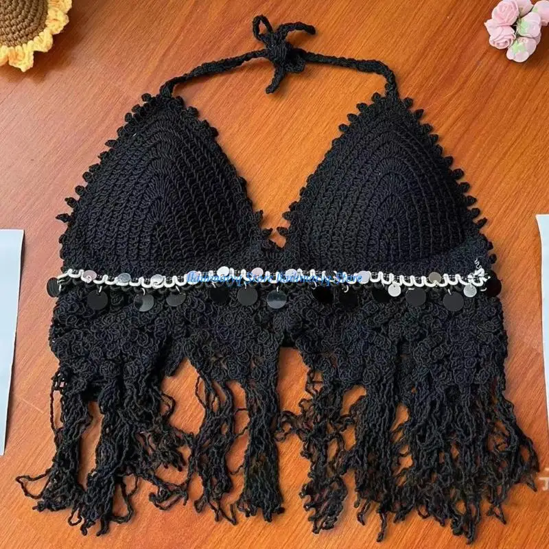 573B Women Crochet Knit Halterneck Bra Sequins Tassels Backless Beach Crop Top