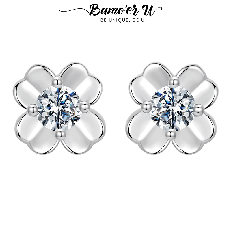

Bamoer U Four-leaf Clover Moissanite Stud Earrings Flower 4 Prongs Round Cut Earrings for Women Girls Birthday Gift Fine Jewelry