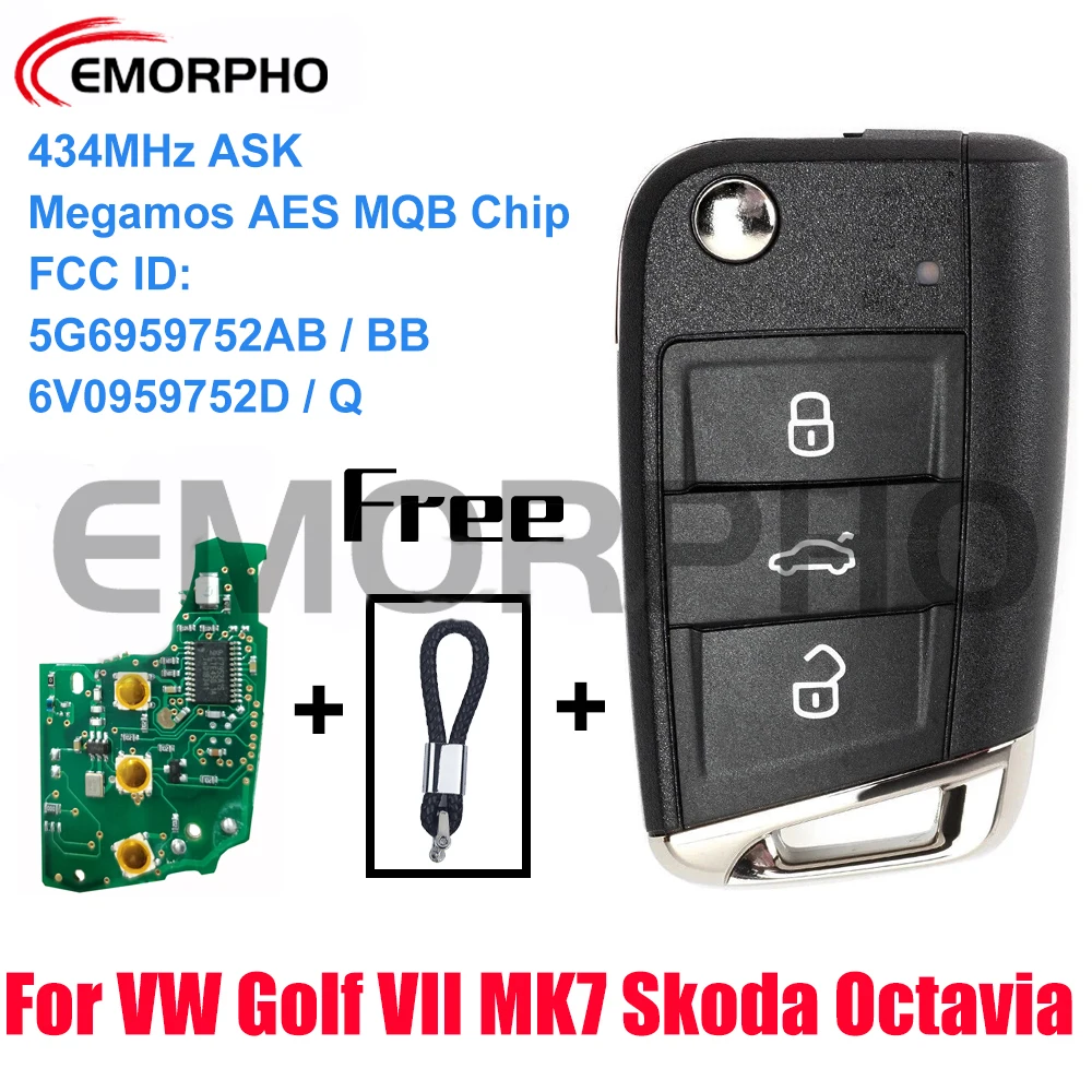 EMORPHO 5G6959752AB BB 6V0959752D Remote Car Key Megamos AES MQB Chip for 2012 - 2015 VW Golf Mk7 Polo Tiguan Skoda Octavia Leon