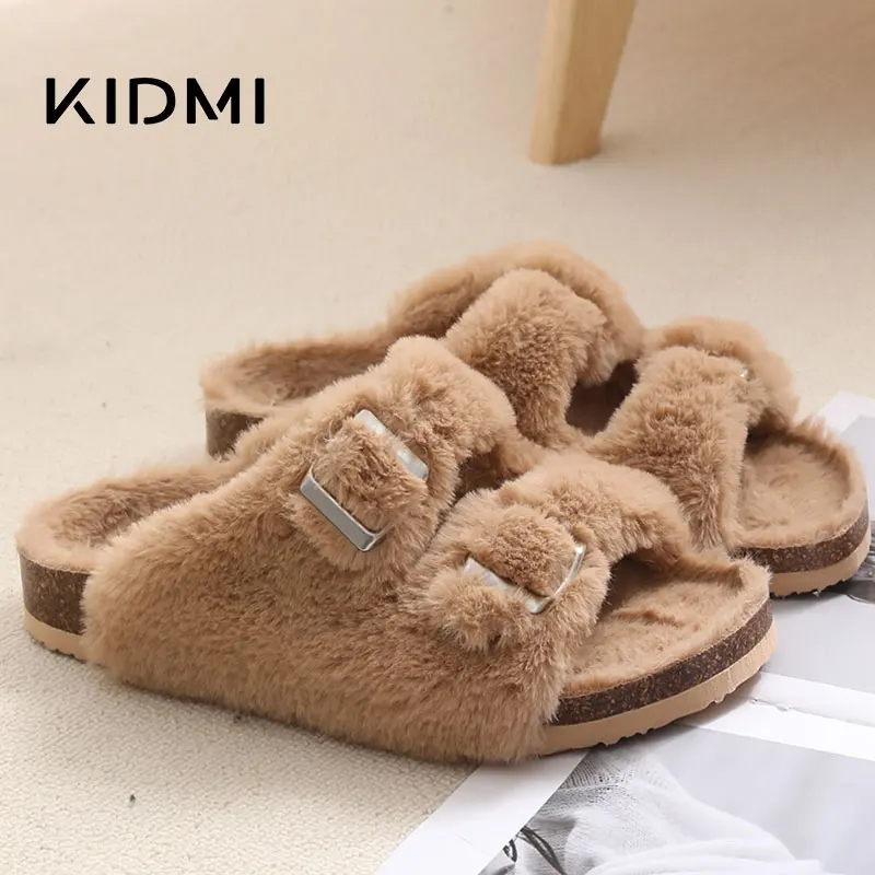 Gacimy Classic Cork Slippers For Women Four Season Soft Fur Outdoor Slippers With Adjustable Buckles Fashion Ladies Flats Shoes