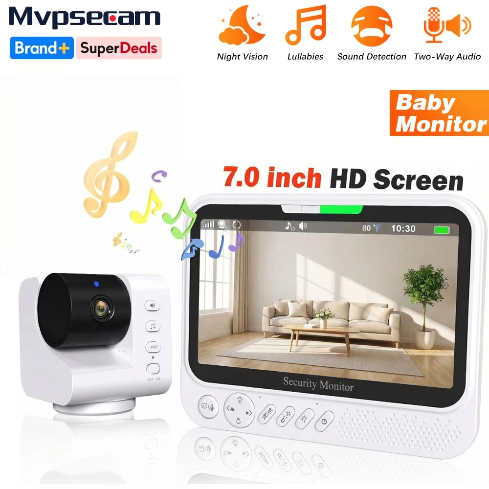 Smart Baby Monitor 7inch HD Screen Long Distance PTZ Camera Digital Sound Detect Temperature Tracking Lullaby & Two-Way Talk