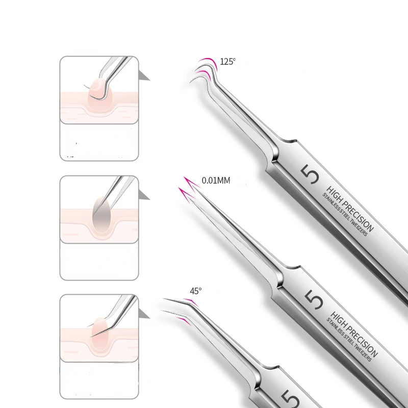 3 Pcs/lot Acne Needle Tweezers Blackhead Blemish Pimples Removal Pointed Bend Gib Head Face Care Tools Comedone Acne Extractor