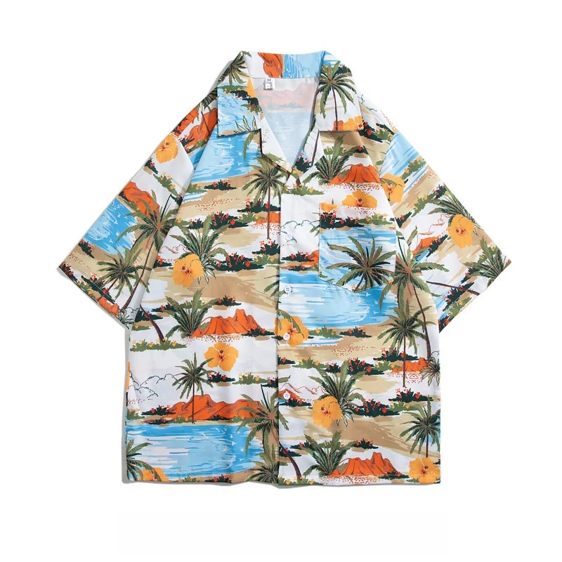 Summer Men's Cuban Collar Hawaiian Retro Short Sleeve Floral Shirt Loose Fitting Handsome Beach Vacation Printed Shirt Jacket