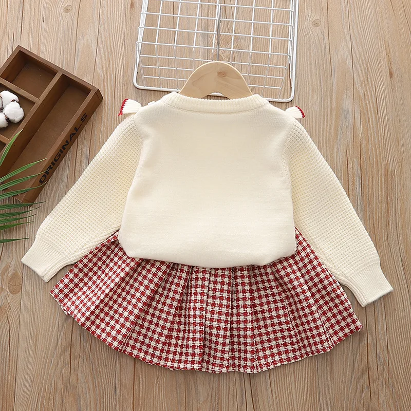 Autumn Winter Infant Girl 2PCS Clothes Set Love Button Bow Knitted Cardigan Full One Year Baby Girl Plaid Pleated Skirts Outfits