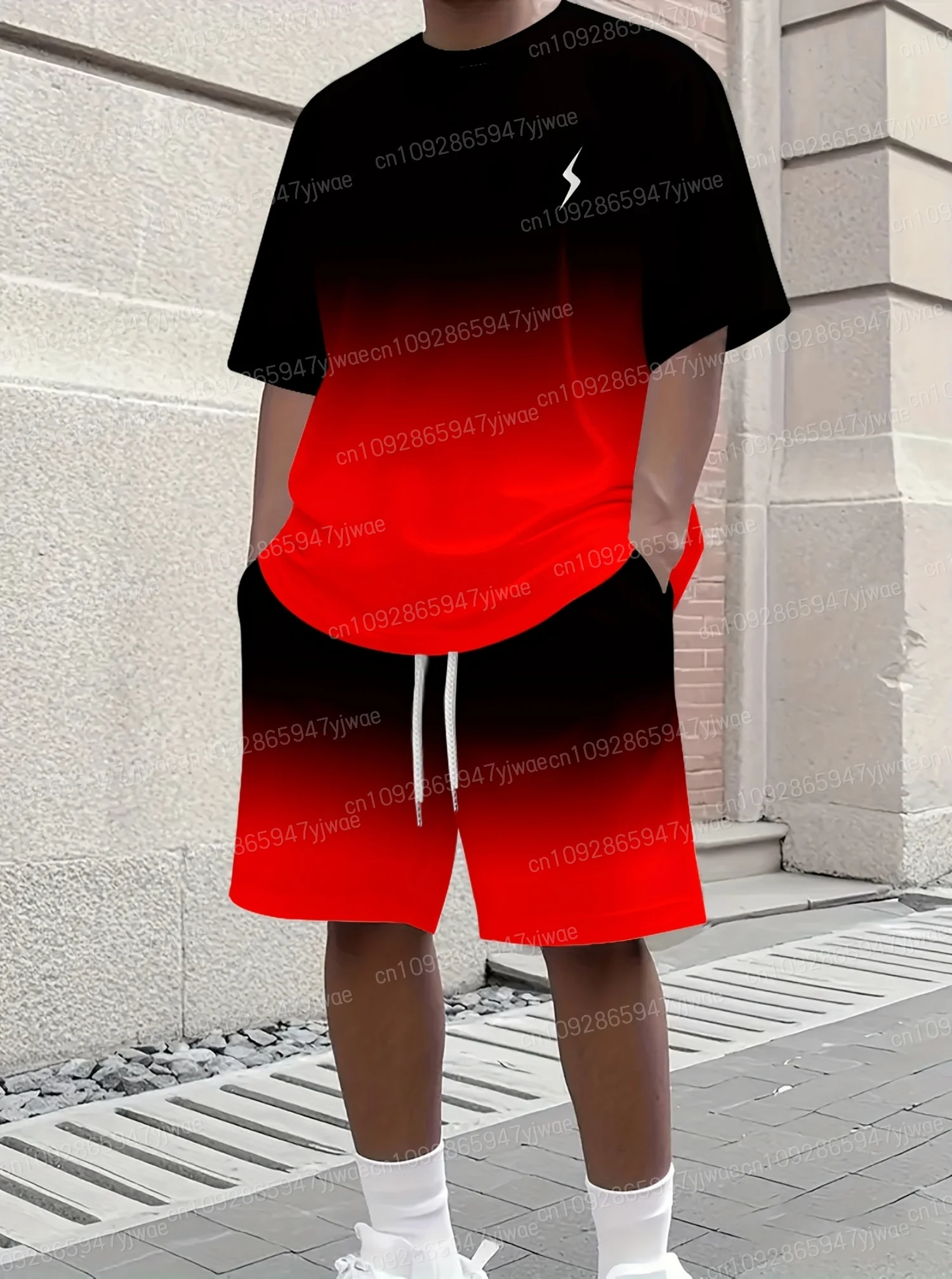 Summer Men Gradient lightning Men's 2 Pieces Set Adult Sportswear Fitness Set Men's Tracksuit 2 Pieces Set Oversized Clothes