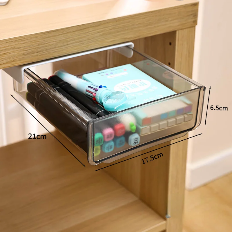 Clear Under Desk Hidden Drawer Office Storage Box Organizer Drawer Desk Supplies Holder Rack Memo Pen Stationery Storage Tray