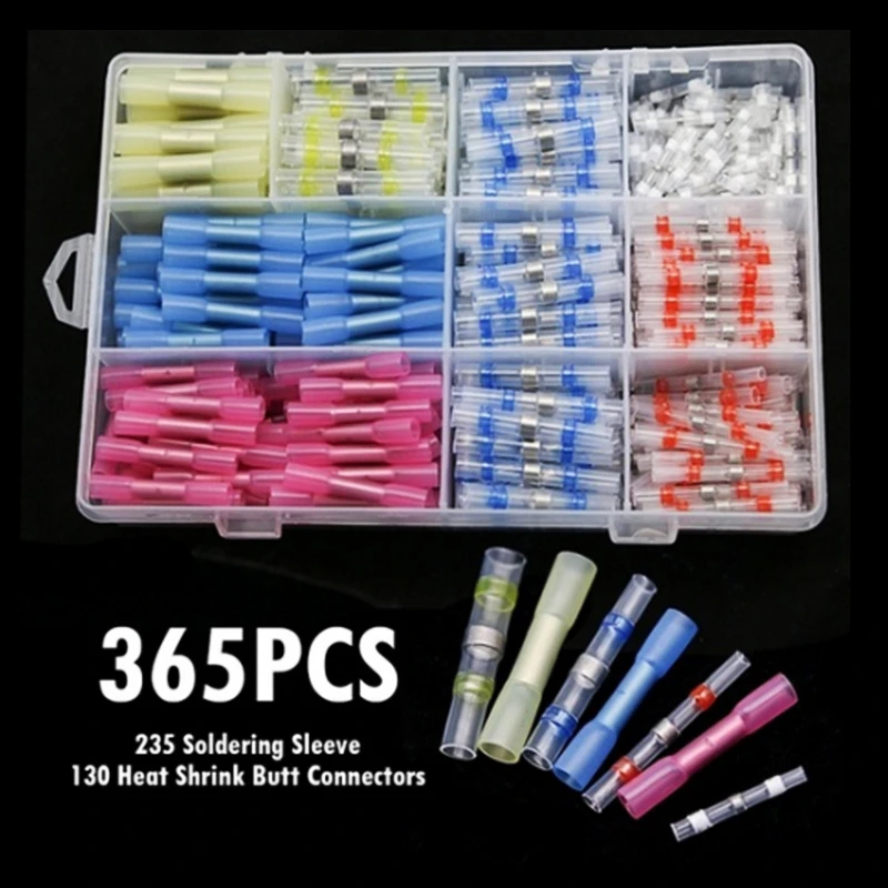 

365Pcs Insulated Heat Shrink Solder Seal Sleeve Electrical Wire Butt Connector Waterproof Shrinking Crimp Terminals Assorted Kit