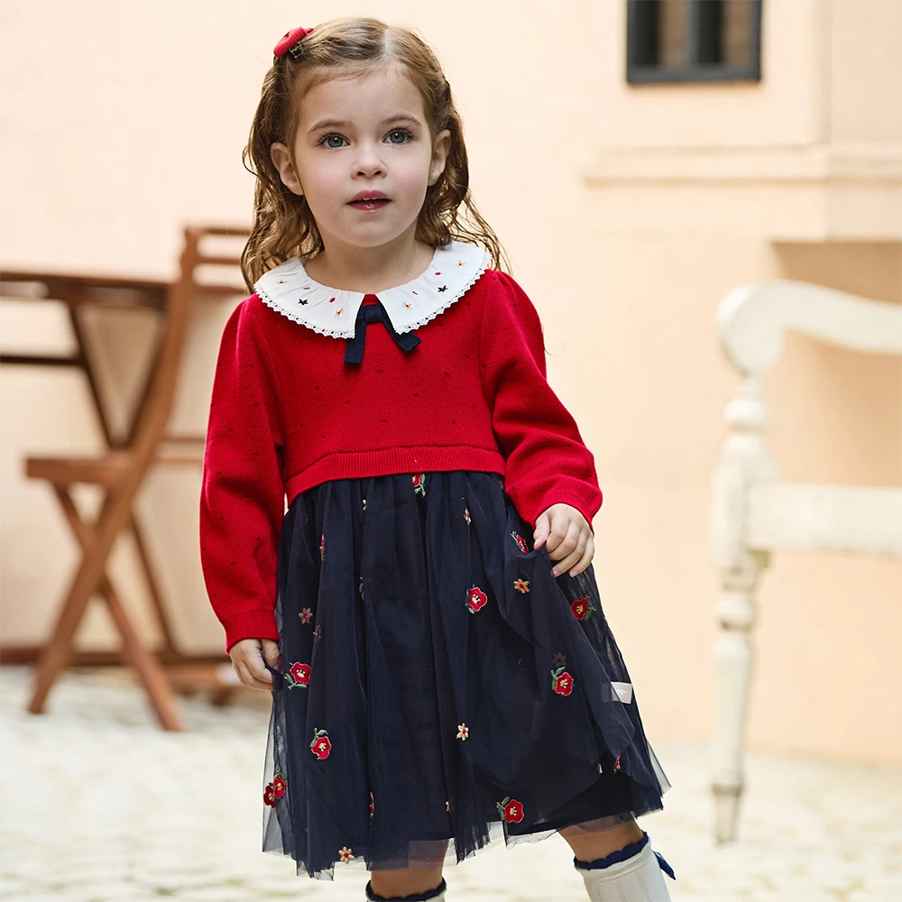 Dave Bella Girls Sweater Dress Spring Summer Long Sleeves Baby Kids Cotton Mesh Skirt Cute Outerwear Children Clothing DB1260580
