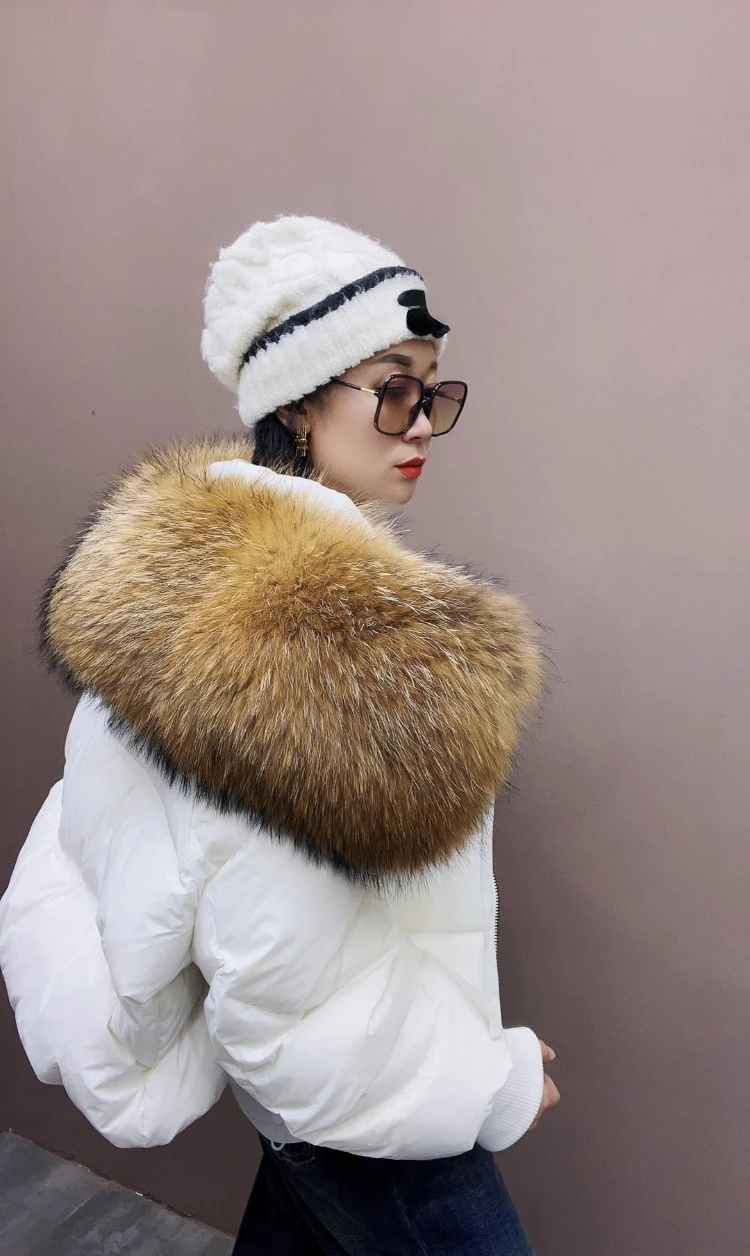 2023 Winter Puffer Jacket Women Large Real Raccoon Fur Collar Short Female Parkas Thick Warm 90% Goose Down Coat Loose