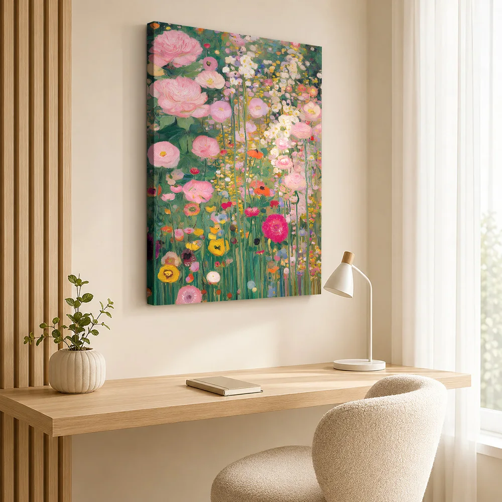 Wildflower Garden , Gustav Klimt Canvas Poster Personalized Photo Detailed Painterly Composition Wall Art For Florist Studio