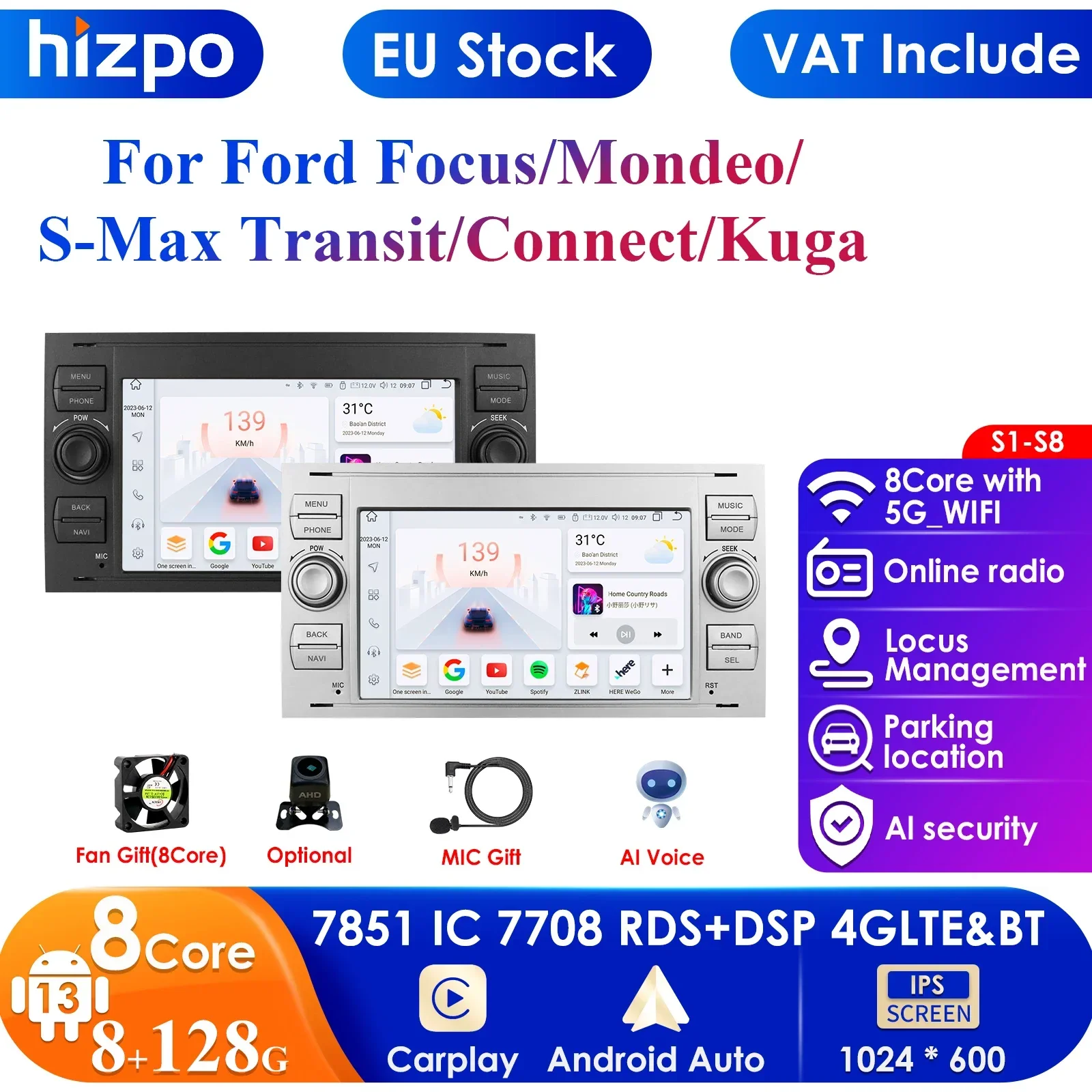 8G+128G 2din Android 12 Car Radio GPS for Ford Mondeo S-max Focus C-MAX Galaxy Fiesta Transit Fusion Connect Kuga Multimedia Nav