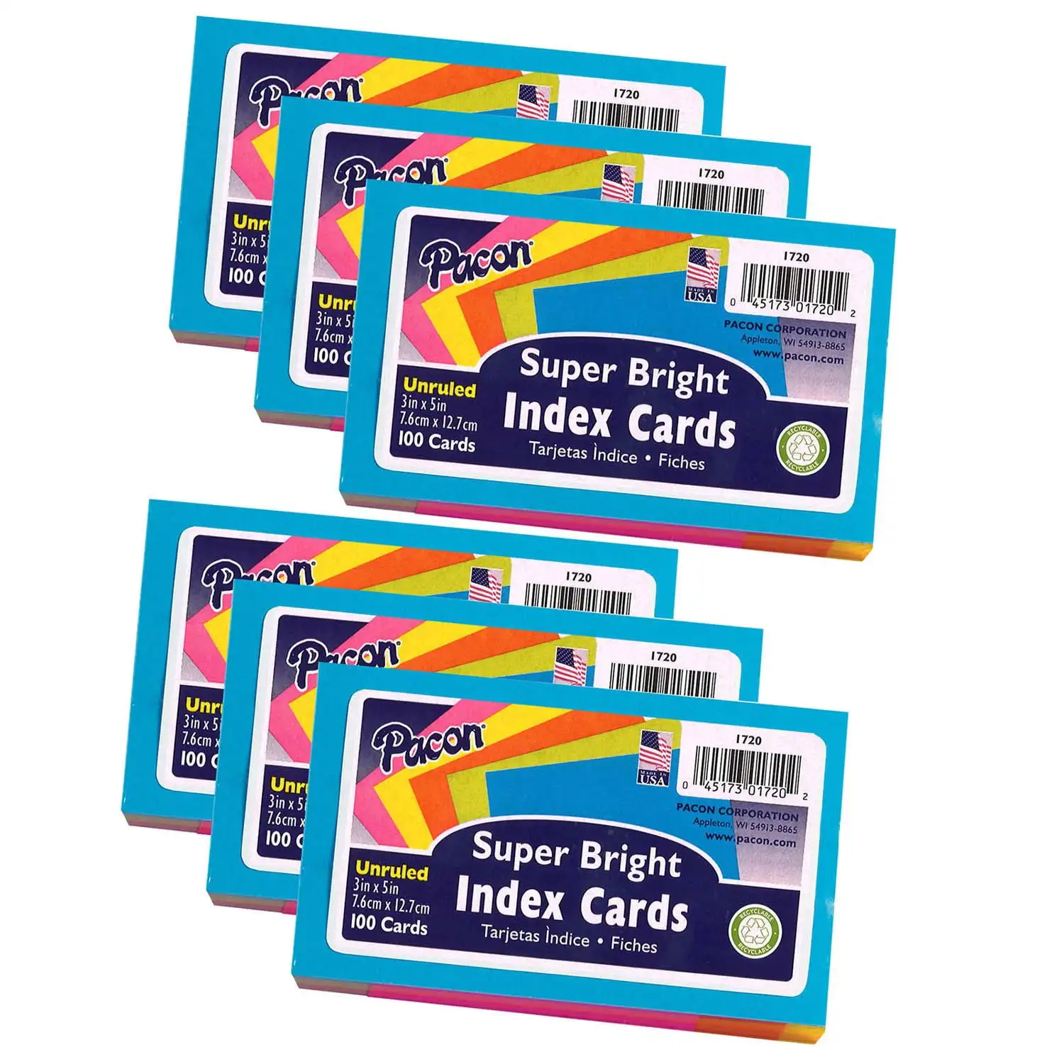 

Pacon PAC1720-6 Super Bright Index Cards Unrule - 3 x 5 in. - Pack of 6