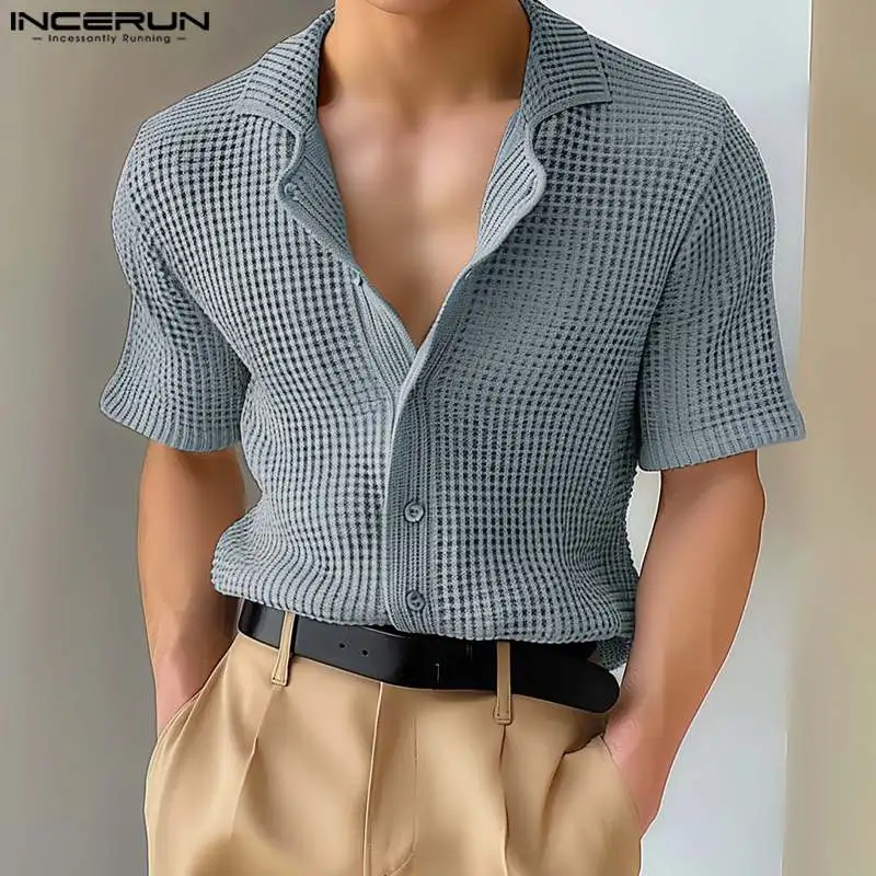 INCERUN-Camisa de manga corta para hombre, ropa de calle informal con solapa de Color sólido, a la moda, S-5XL de verano, 2024