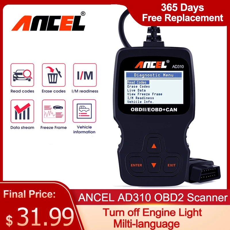 Ancel AD310  Car Full OBD2 Diagnostic Tools  Automotive Professional Car Engine Fault Code Reader  OBD II Scanner Tool pk ELM327