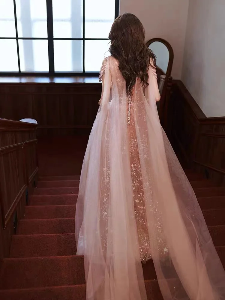 Роскошные розовые женские платья подружки невесты с v-образным вырезом и кружевом трапециевидной формы с аппликацией из бисера и блестками с кисточками длиной до пола, вечернее платье для банкета и вечеринки