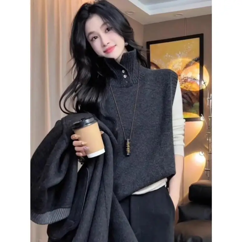 

knitted vest inside French layering popular turtleneck sweater vest for women spring autumn lazy style high-end style