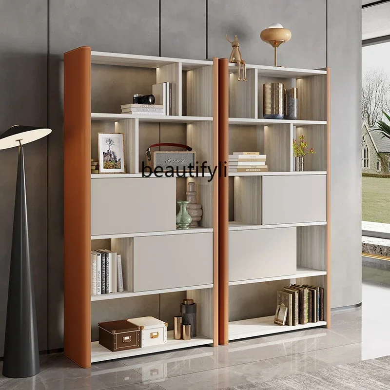 LXLight luxury saddle leather bookcase solid wood floor-to-wall display case shelf study displaySSS