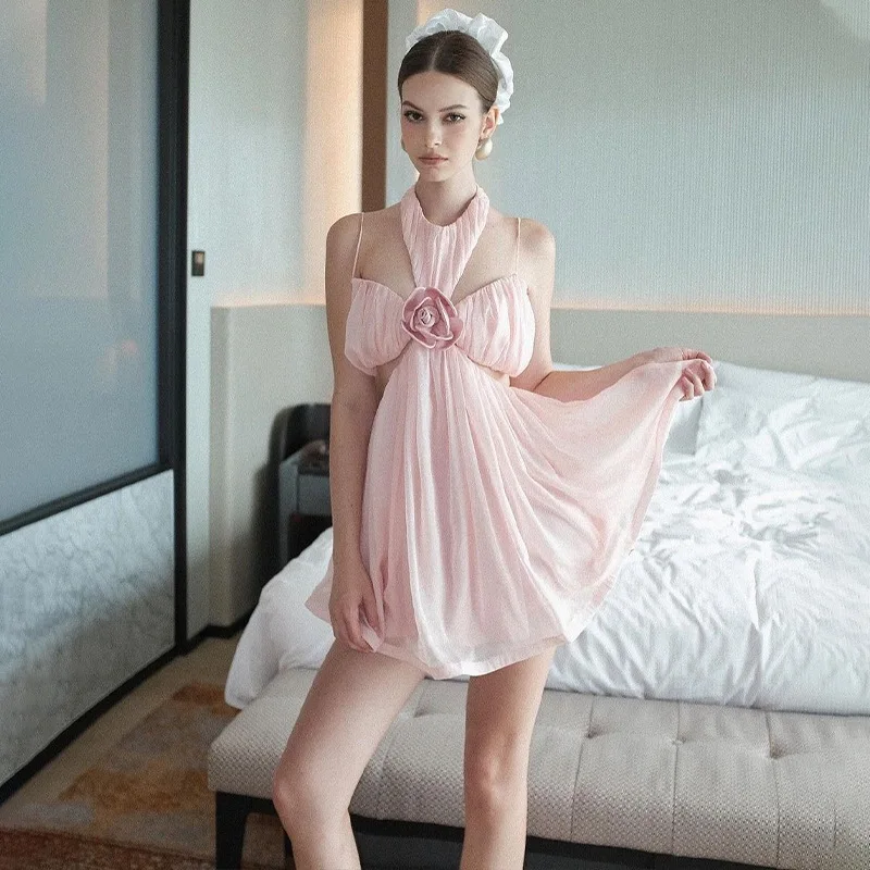 

2025 Summer New Three Dimensional Flower Hollow Design Sexy High Waist Strap Dress for Women Pink Short Beach Dress