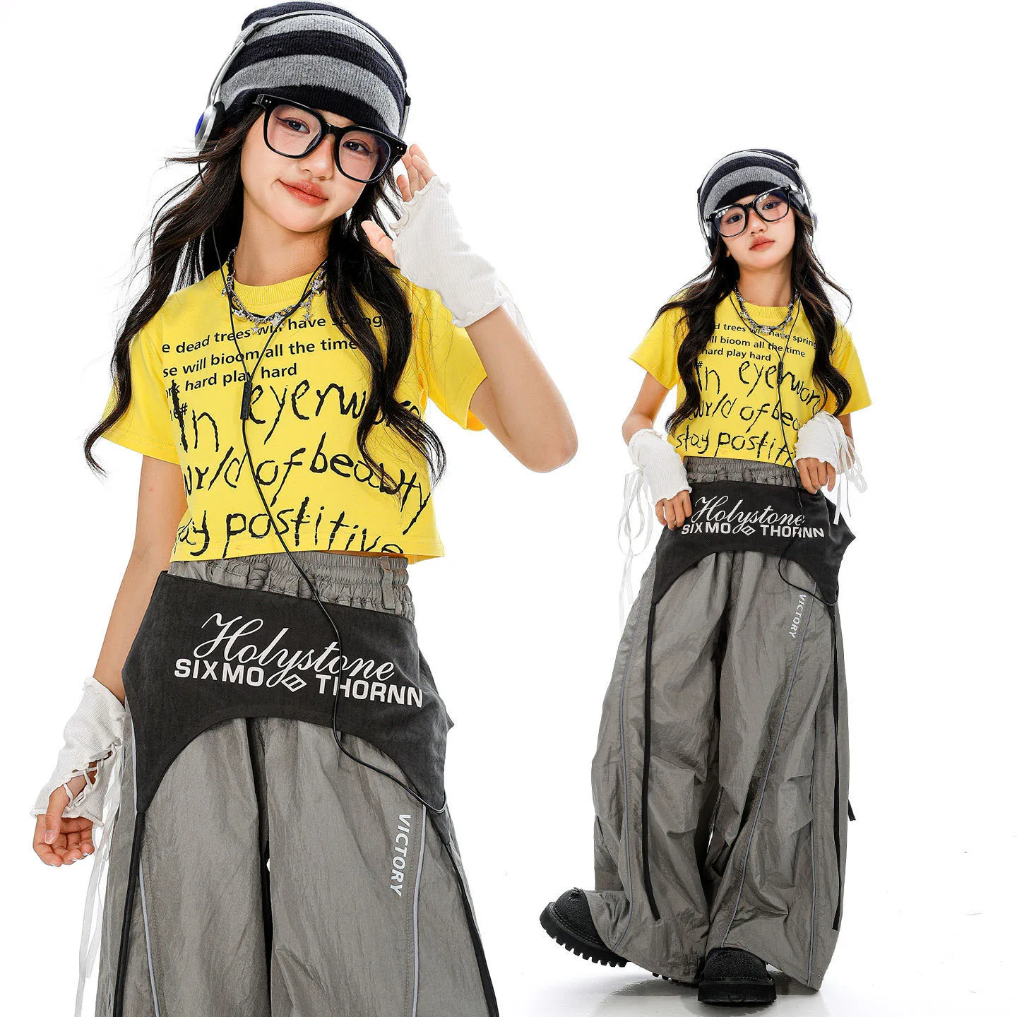 

Kid Kpop Hip Hop Clothing Yellow Crop T Shirt Top Gray Casual Wide Leg Parachute Pants for Girl Jazz Dance Wear Costume Clothes