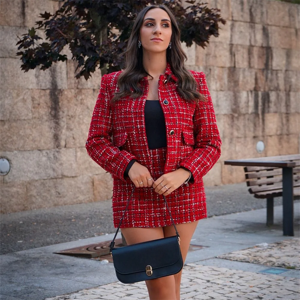 PB&ZA2024 autumn new women\'s clothing temperament commuting texture coarse tweed simple suit jacket high waisted skirt pants set