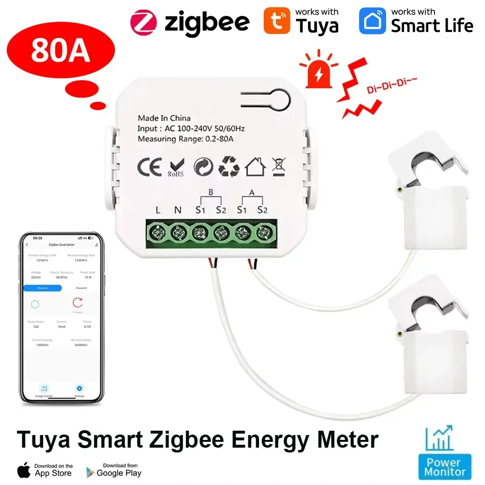 Tuya Smart Life ZigBee Bidirectional Energy Meter 2 Channel with 80A Clamp App Monitor Solar Export and Import Power AC100V/240V