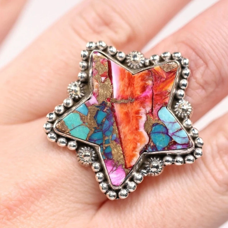 Boho Star Imitation Turquoise Ring for Women Vintage Multicolor Composite Stone Statement Ring Ethnic Finger Jewelry Gift