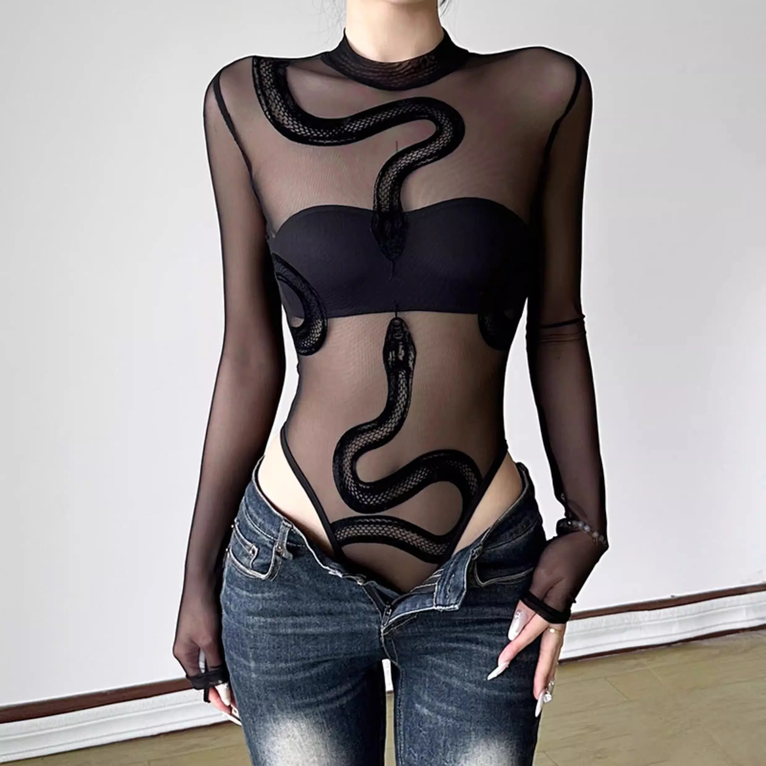 Women's Long Sleeve Sexy Snakeskin Flocked Mesh T-shirt See-through Hollow out Fishnet Clubwear Top
