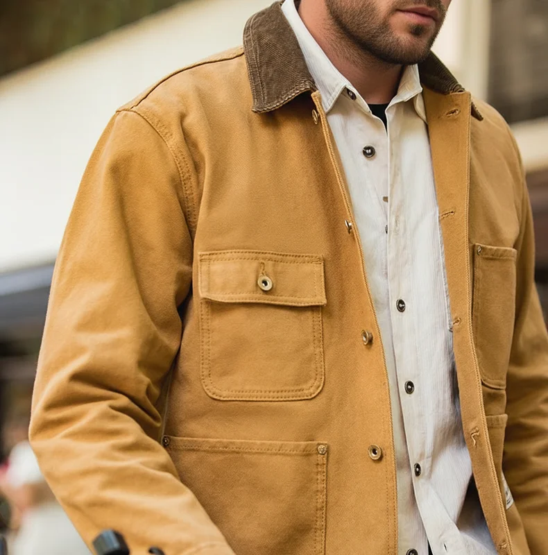 Maden Vintage Heavyweight Michigan Chore Jackets Multi-Pocket Canvas Hunting Coat for Men's Spring Loose Lapel Collar Outwear