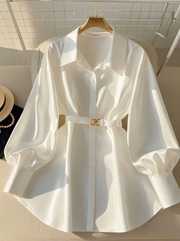 

French Spring Autumn Chic Blouse Top Office Lady Folding Waist Looks Thin White Long Sleeve Shirt for Women A170