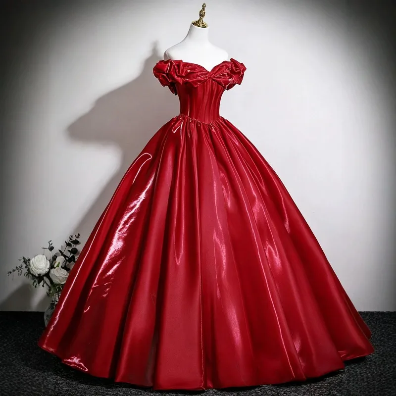 2026 New Women s One Shoulder Red Wedding Toast Dress High Quality Satin Evening Dress Plus Size Long Puff Skirt Customizable view 3