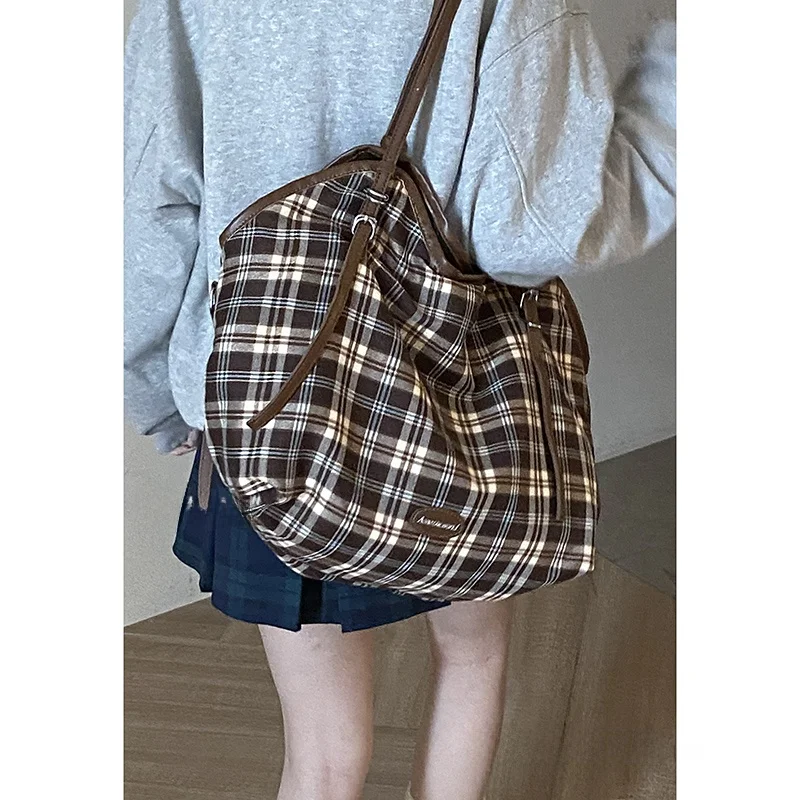 

Trendy Plaid Canvas Tote Bag Women's Large Capaci Underarm Bag Fall 2024 New Faion Sweet College Sle Leisure op Bag