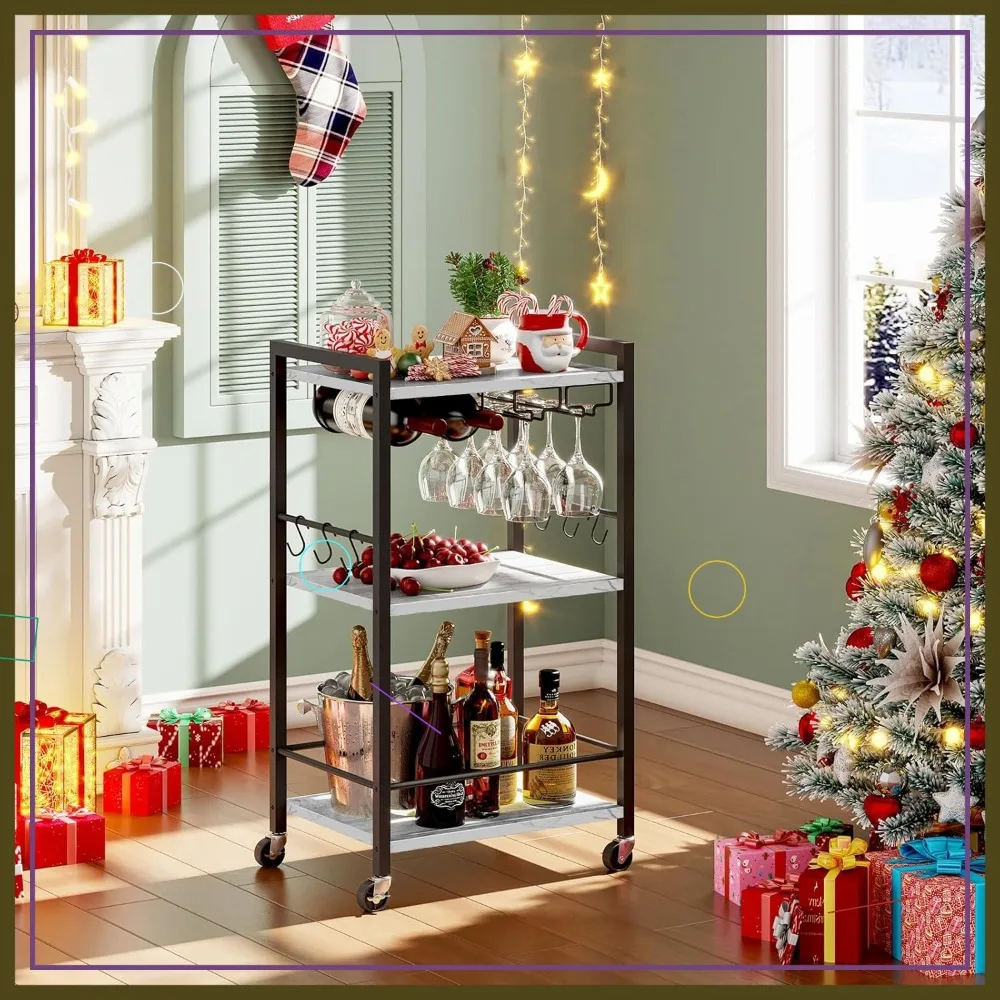 

3-Tier Rolling Bar Cart with Wine Rack, Glass Holder & Brake Casters - Marble White Home Beverage Serving Cart