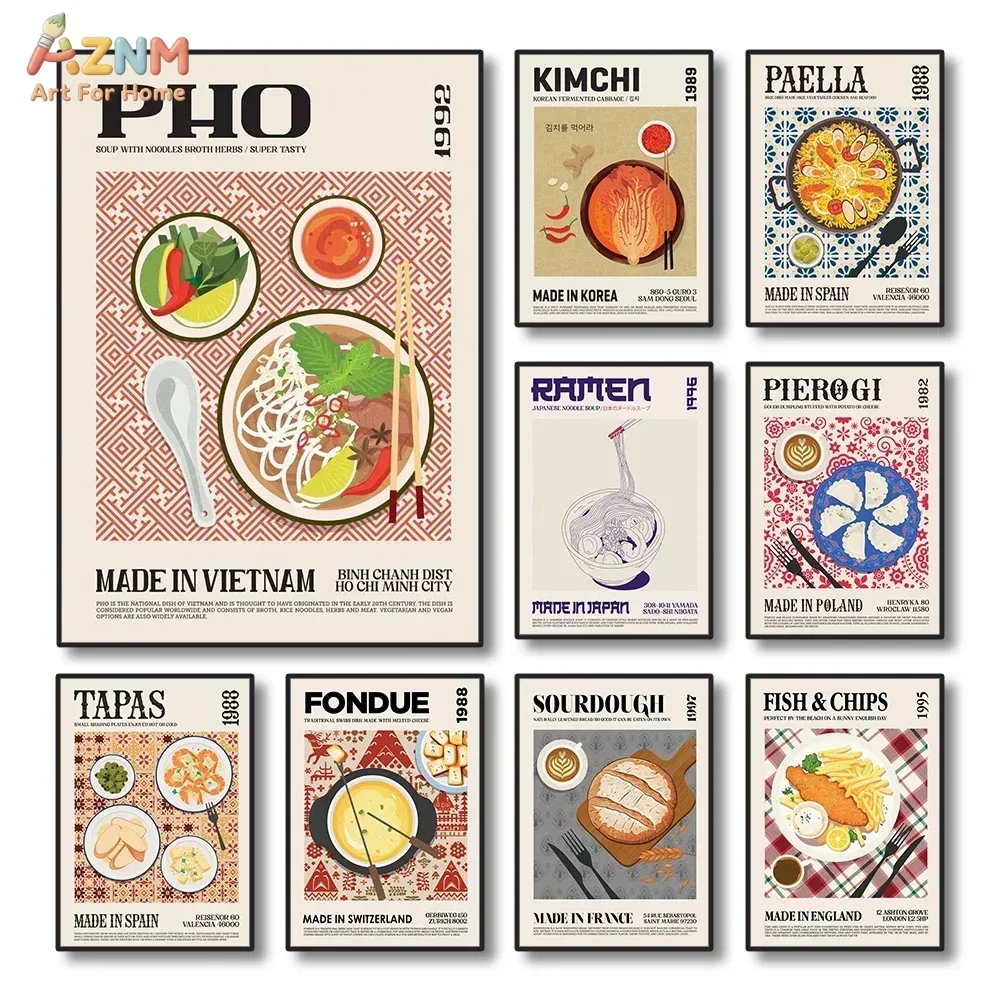 AZNM World Classic Food Canvas Wall Art Pho Ramen Kimchi Paella Retro Kitchen Dining Room Decor Art Print Poster Unframed Canvas