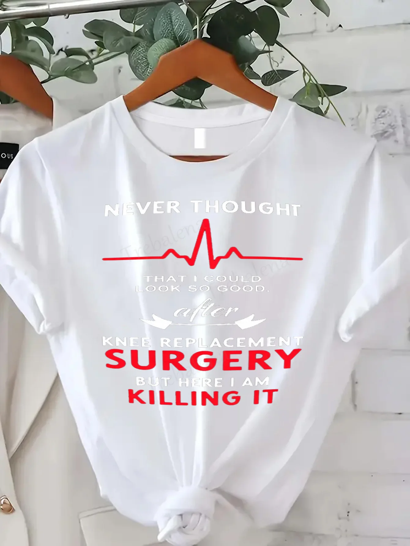 

Women T-shirt Funny Knee Surgery Recovery Tee - Women's Casual White T-Shirt with Bold Red Print