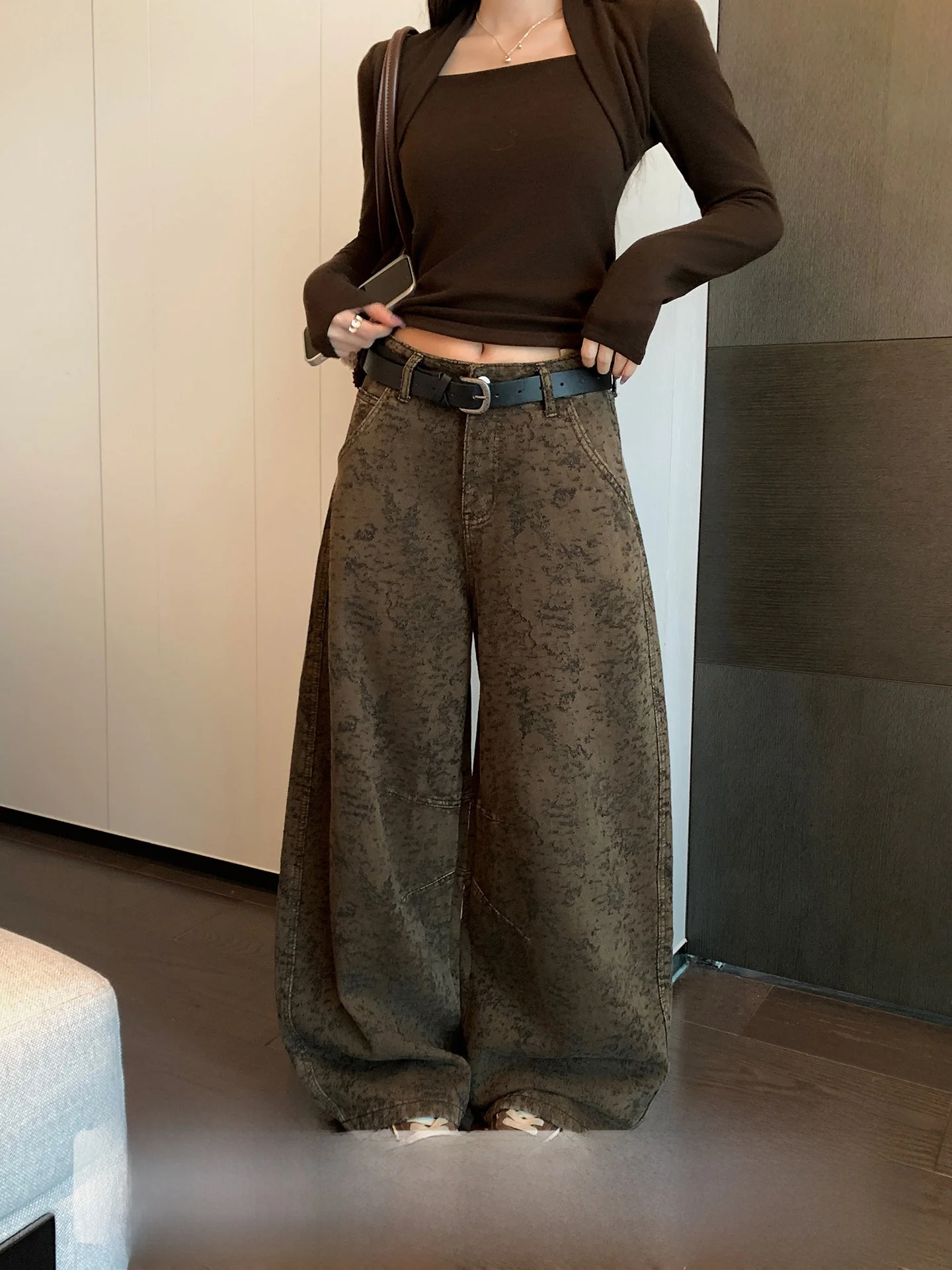

Retro American Texture Khaki Straight Leg High Waist Wide Leg Jeans Women Winter Lazy Loose Fit Denim Pants Cotton Blend