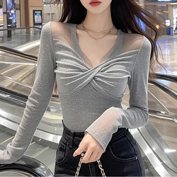 Fashionable Pleated Mesh Spliced long Sleeves Top with Female Temperament Slim Slim Base Shirt T-shirt