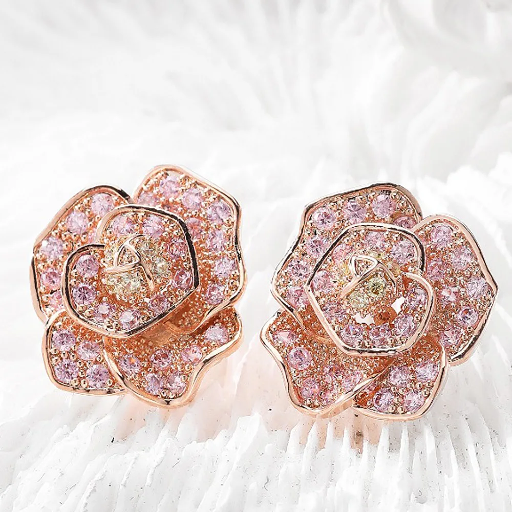 Missvikki New Luxury Romantic Bloom Flower Earrings Full Elegant Shiny Cubic Zirconia for Women Bridal Wedding Party Jewelry