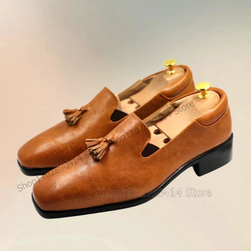 Brown Tassels Decor Crack Pattern Square Toe Loafers Fashion Slip On Men Shoes Luxurious Handmade Party Banquet Men Casual Shoes