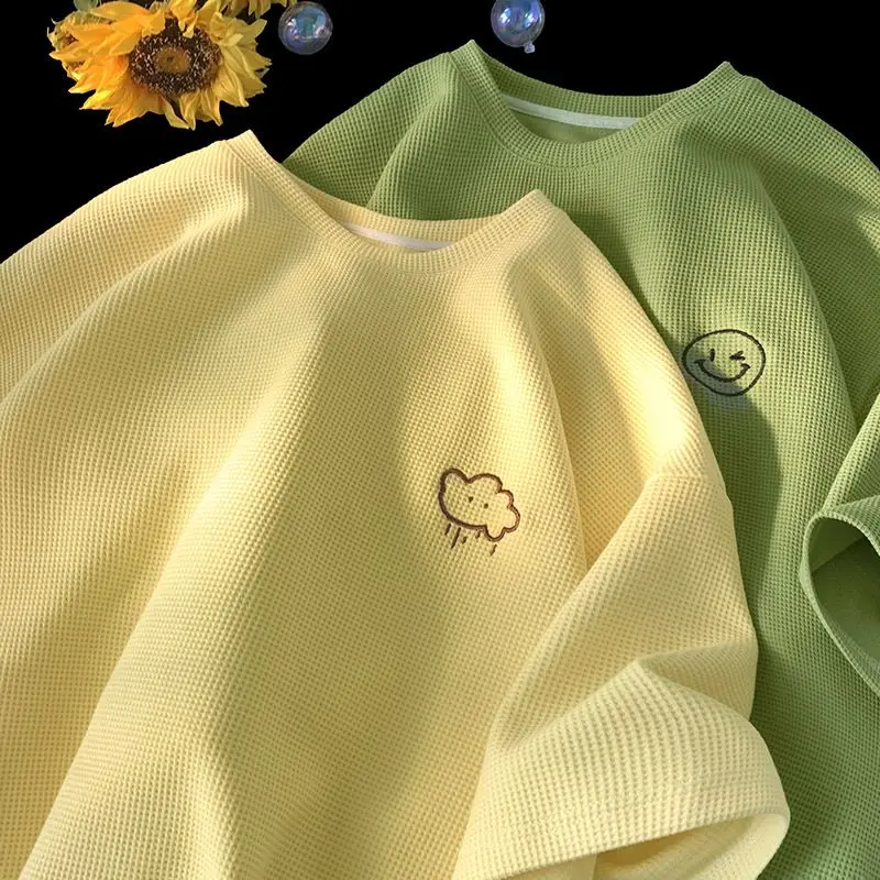 

New simple embroidered short sleeved T-shirt for women summer loose casual design waffle versatile half sleeved top T-shirt y2k